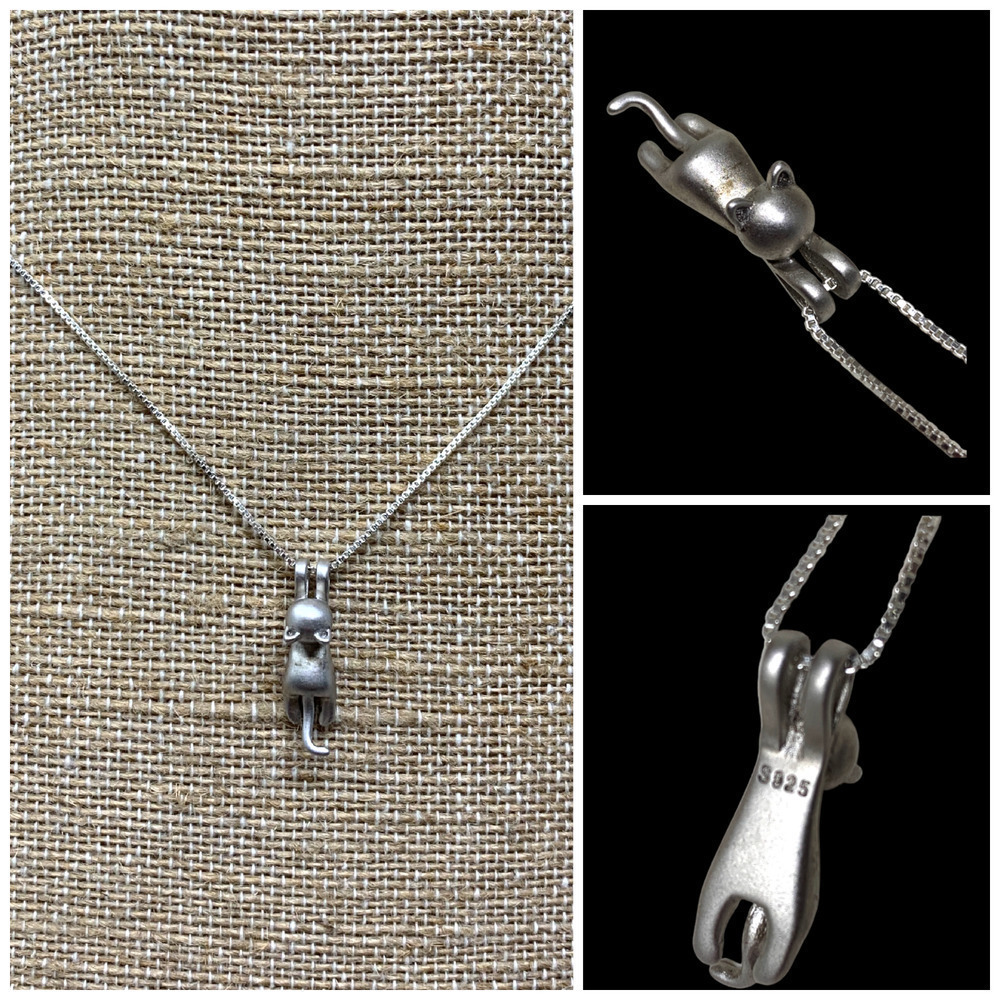 Sterling Silver Dangling Climbing Kitten Cat Kitty Necklace 925 Hang In There!
